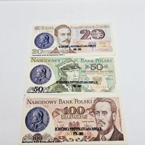 Edizione speciale di banconote in zloty polacchi - Set di 3 banconote in carta moneta zloty polacche d'epoca con Papa Giovanni Paolo II del 2003