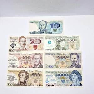 Set of 7 Vintage Polish Zlotych Currency Paper Banknotes of the years 1982-2001