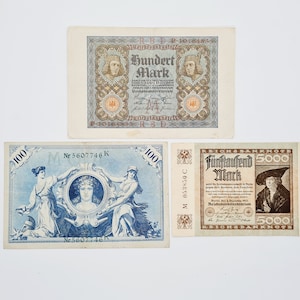 Vintage German Reichsbanknotes - Set of 3 Vintage German Reichbanknotes printed in Germany in 1910s and 1920s