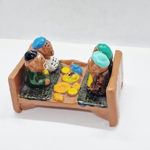 Soviet Vintage Uzbek 3 grandfathers and grandmother at the table Ceramic Figurine Made of Clay in USSR in 1980s.