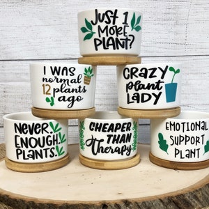 May include: Six white ceramic plant pots with different humorous sayings about plants. The pots are stacked in a pyramid shape on a wooden surface. The sayings include "Just 1 More Plant?", "I Was Normal 12 Plants Ago", "Crazy Plant Lady", "Never Enough Plants", "Cheaper Than Therapy", and "Emotional Support Plant".
