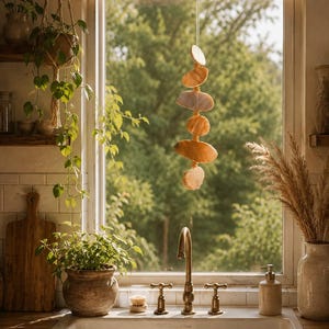 May include: A hanging mobile composed of six smooth, translucent, amber-colored stone slices strung vertically on a thin white cord. The stones vary in size and shape, featuring natural banding and warm, golden-orange hues suspended in front of a window.
