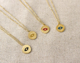 ODILE necklace pendant in stainless steel gold color with protective eye medal blue, red, mustard or black