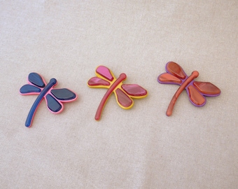 Dragonfly brooch in pink and blue resin or yellow and pink or purple and orange and gold stainless steel fastener