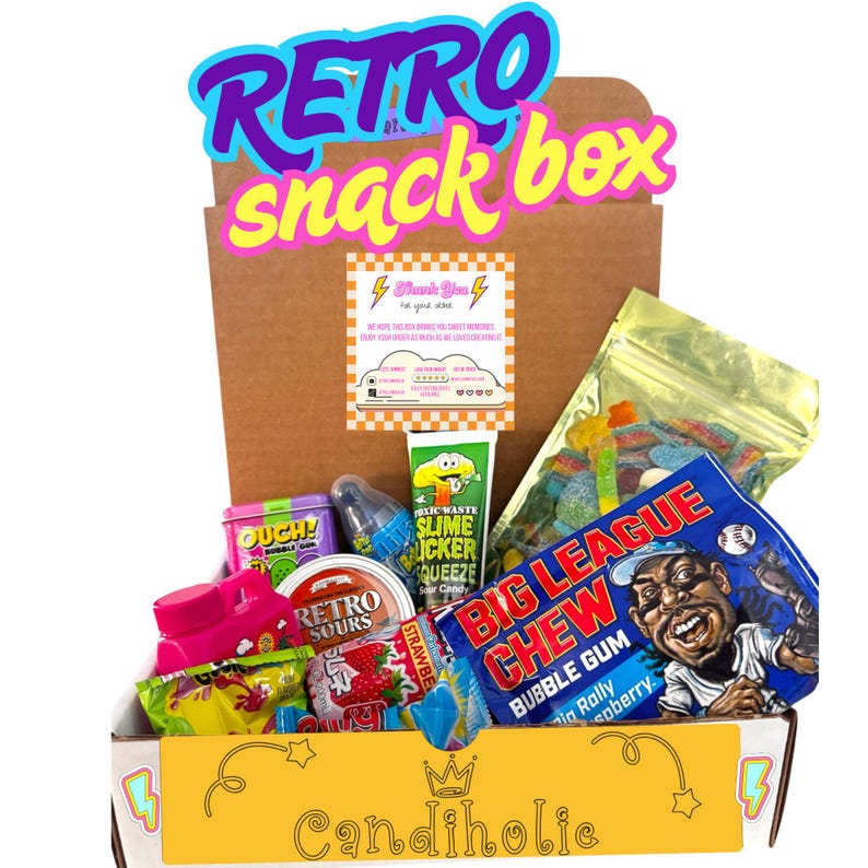 Retro snack box filled with nostalgic candies including Big League Chew gum, Retro Sours, Ouch gum, Slime Licker, and assorted gummies, packaged in a Candiholic branded box