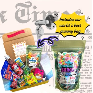 retro snack box with wording that sounds includes our best gummy bag, a green candy bag
