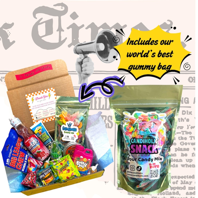 retro snack box with wording that sounds includes our best gummy bag, a green candy bag