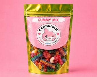 May include: A gold-colored stand-up pouch filled with assorted colorful gummy candies. The label features the text GUMMY MIX and CANDIHOLIC, along with a graphic of a pink shark character and the words SWEET, SOUR, and ADDICTED in a circular design.