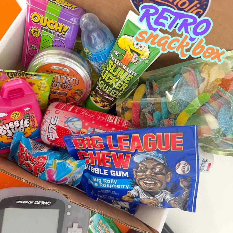 nostalgic snacks and candy, big league chew, ouch bubble gum, retro sours