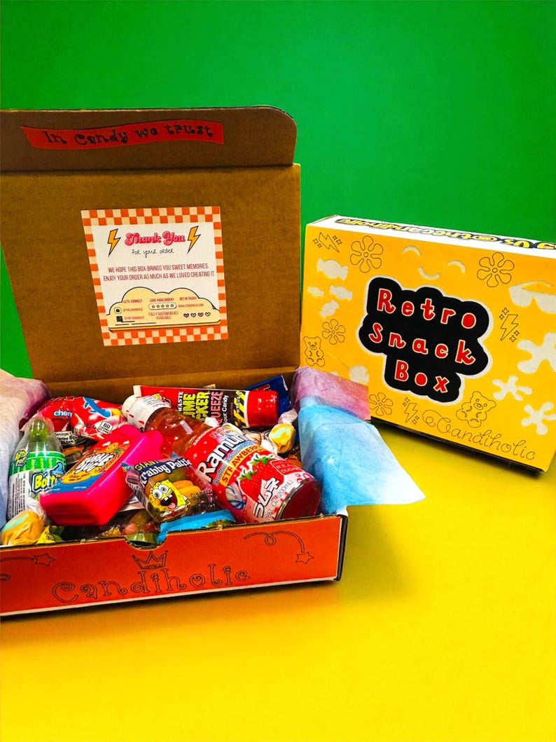 retro snack box, care package filled with candy and gummies and gushers, SpongeBob krabby patty, slime licker, nostalgic candy, bubble jug, baby bottle bop