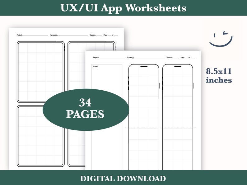 May include: A set of 34 printable worksheets for designing mobile apps. The worksheets are 8.5x11 inches and feature a grid layout for sketching out app screens. The text "UX/UI App Worksheets" is at the top of the image.
