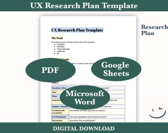 UX Research Plan Template | PDF, Word, Google Docs (Digital Download)