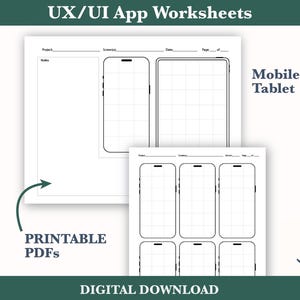 UX/UI App Wireframe Worksheets | Mobile & Tablet Design Templates | Printable UX Planner pdf | Ui Sketching Tool | Instant Digital Download
