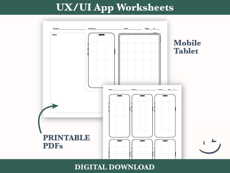 May include: Printable UX/UI app worksheets for mobile and tablet designs. The worksheets feature a grid layout for sketching out app screens.