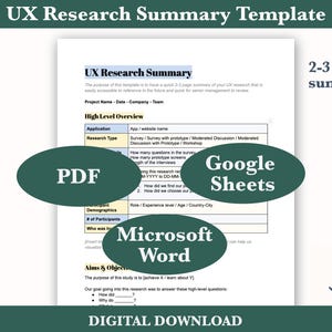 Könnte beinhalten: Eine grüne und weiße Vorlage für eine UX-Forschungszusammenfassung. Die Vorlage ist für die Verwendung mit Google Sheets, Microsoft Word oder PDF konzipiert. Die Vorlage enthält Abschnitte für die Übersicht auf hoher Ebene, Demografie, Ziele und Zielsetzungen sowie einen Button zum digitalen Download.