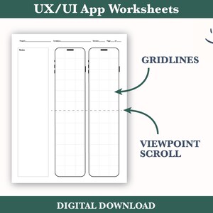 May include: Black and white printable worksheet for designing mobile app user interfaces. The worksheet includes two phone outlines with gridlines for layout planning. The text "GRIDLINES" and "VIEWPOINT SCROLL" are labeled on the worksheet.