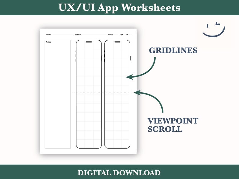 May include: Black and white printable worksheet for designing mobile app user interfaces. The worksheet includes two phone outlines with gridlines for layout planning. The text "GRIDLINES" and "VIEWPOINT SCROLL" are labeled on the worksheet.