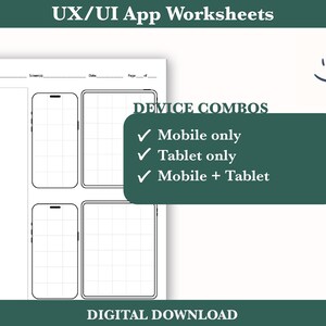 May include: Black and white printable worksheet for UX/UI app design. The worksheet includes outlines of a mobile phone and tablet screen for sketching app designs. The text "DEVICE COMBOS" is at the top of the worksheet, with checkmarks next to the options "Mobile only", "Tablet only", and "Mobile + Tablet".