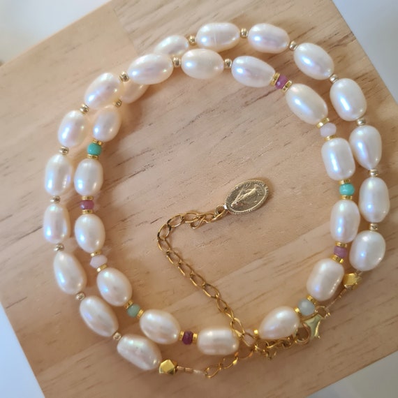 Marquise grain of rice and gemstone pearl necklace