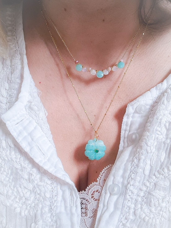 SIGNORA necklace, choker in amazonite moonstone and pink opal