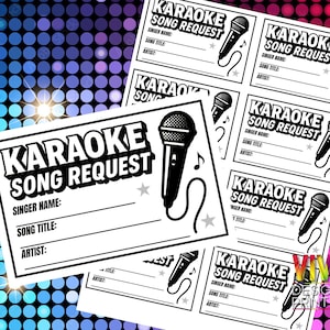 Pode incluir: Cartões de pedido de música de karaokê imprimíveis em preto e branco com um gráfico de microfone. O texto nos cartões diz "Karaoke Song Request", "Nome do cantor", "Título da música" e "Artista".