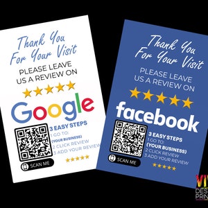 印刷された「ご訪問ありがとうございます」 - Google および Facebook パック用のレビューカード | レビューを取得 | カスタム QR コード | 5 つ星レビュー | ありがとうございます