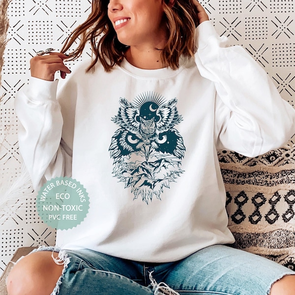 OWL Sweatshirt, Owl Hoodie, Celestial Owl Shirt, Moon Shirt, Owl Lover Gift, Premium Unisex Crewneck