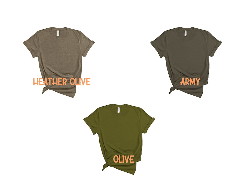 May include: Three t-shirts in different shades of green. The t-shirts are folded and laid flat on a white background. The t-shirts are labeled "Heather Olive", "Army", and "Olive".