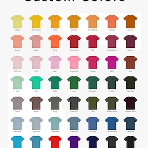 Op de afbeelding: Een kaart met 48 verschillende gekleurde T-shirts, elk met een naam eronder. De kleuren vari&euml;ren van geel tot zwart.