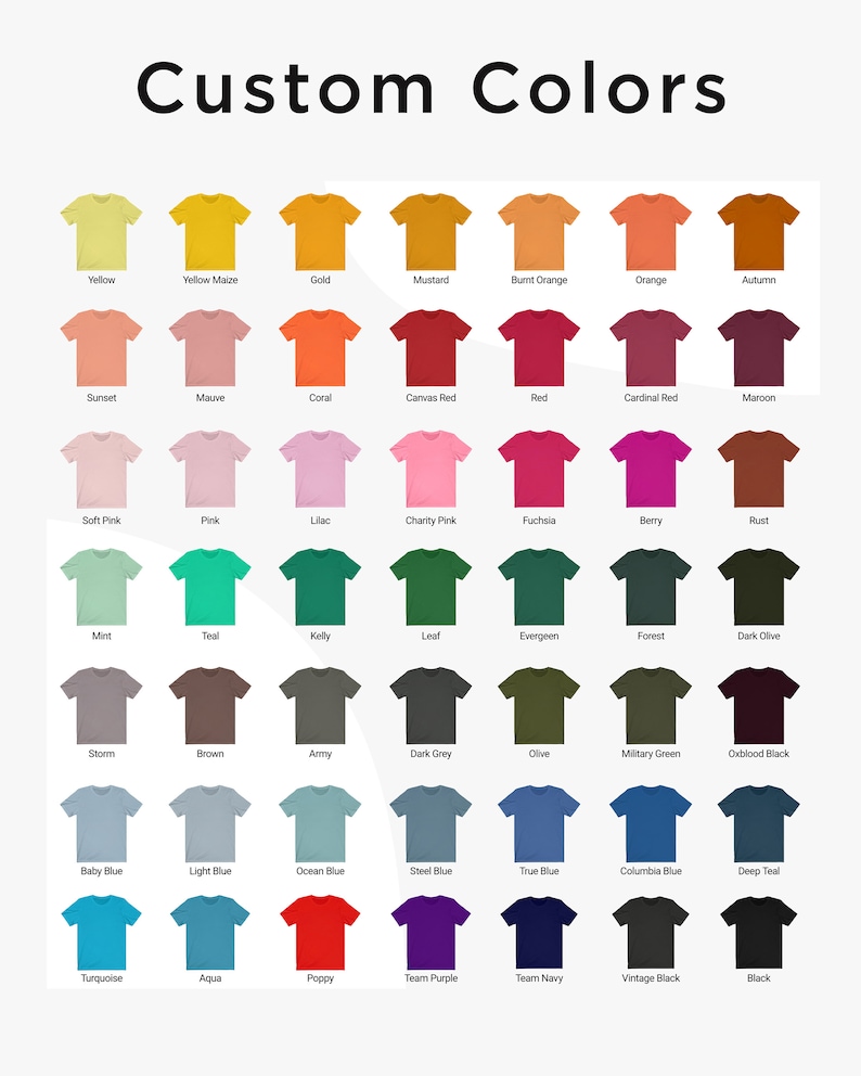 May include: A chart of 48 different color t-shirts, each with a name below it. The colors range from yellow to black.