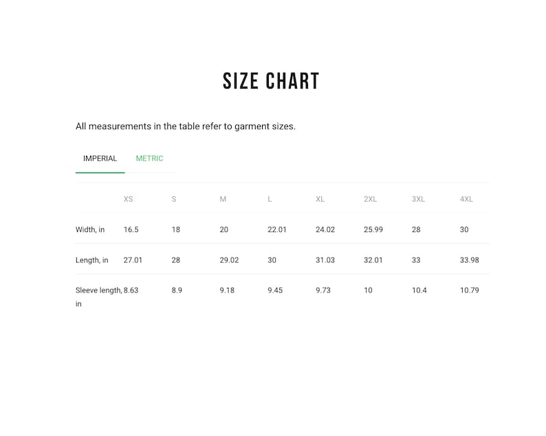 May include: Size chart for clothing with measurements in inches for XS to 4XL sizes. The chart includes width, length, and sleeve length.