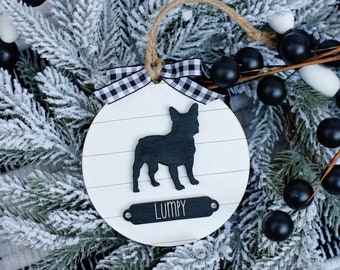 Farmhouse Christmas Ornament Frenchie Dog | Gift for Dog Owner | Dog Christmas Ornament | Modern Farmhouse Decor | French Bulldog |