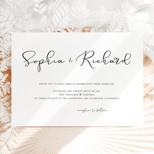 May include: A white wedding invitation card with black calligraphy text that reads "Sophia & Richard" and details the wedding date and location. The text reads "Invite you to join them in celebrating their marriage Saturday the twenty fifth of June Two thousand & nineteen at three o'clock in the afternoon ABA Clubhouse California reception to follow."