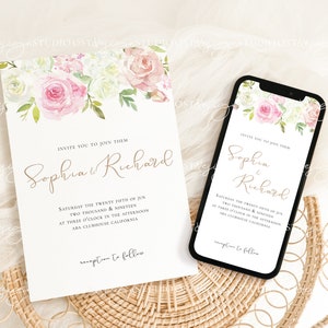 May include: A wedding invitation with a floral design featuring pink and white flowers. The invitation reads "Invite you to join them Sophia & Richard Saturday the twenty fifth of June two thousand & nineteen at three o'clock in the afternoon ABA Clubhouse California reception to follow"