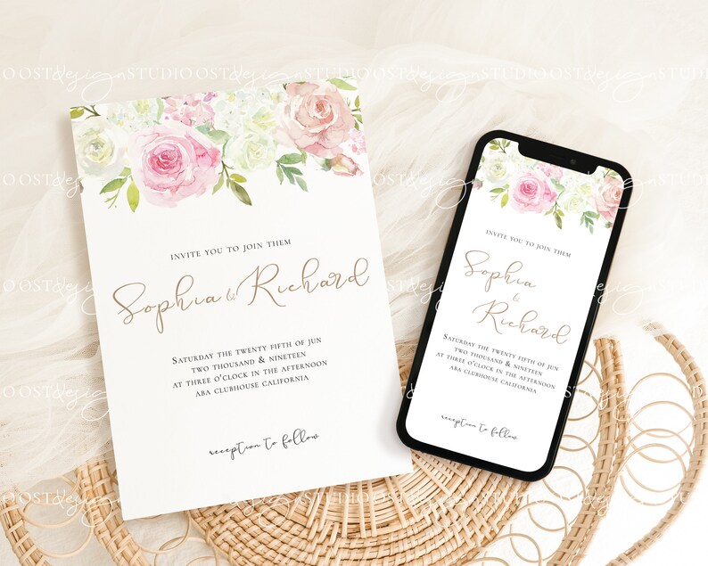 May include: A wedding invitation with a floral design featuring pink and white flowers. The invitation reads "Invite you to join them Sophia & Richard Saturday the twenty fifth of June two thousand & nineteen at three o'clock in the afternoon ABA Clubhouse California reception to follow"