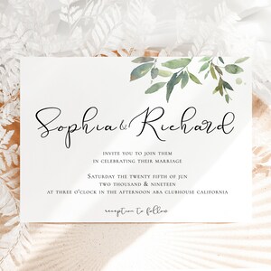 May include: A wedding invitation with a watercolor illustration of green leaves and branches. The invitation reads "Sophia & Richard" and includes the wedding date and location: "Saturday the twenty fifth of June, Two Thousand & Nineteen, at three o'clock in the afternoon, ABA Clubhouse California".