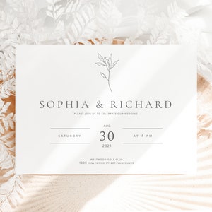 May include: A minimalist wedding invitation with a simple line drawing of a branch with leaves. The invitation reads "Sophia & Richard" and includes the date and time of the wedding: "Saturday, August 30, 2021 at 4 PM". The location is listed as "Westwood Golf Club, 1000 Inglewood Street, Vancouver."