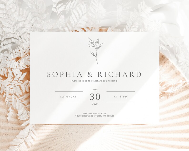 May include: A minimalist wedding invitation with a simple line drawing of a branch with leaves. The invitation reads "Sophia & Richard" and includes the date and time of the wedding: "Saturday, August 30, 2021 at 4 PM". The location is listed as "Westwood Golf Club, 1000 Inglewood Street, Vancouver."