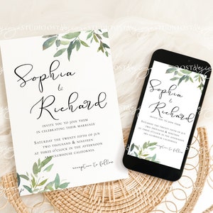 May include: A wedding invitation with a green watercolor floral design. The invitation reads "Sophia & Richard" and includes the date and time of the wedding. The invitation is printed on white cardstock and has a simple, elegant design.