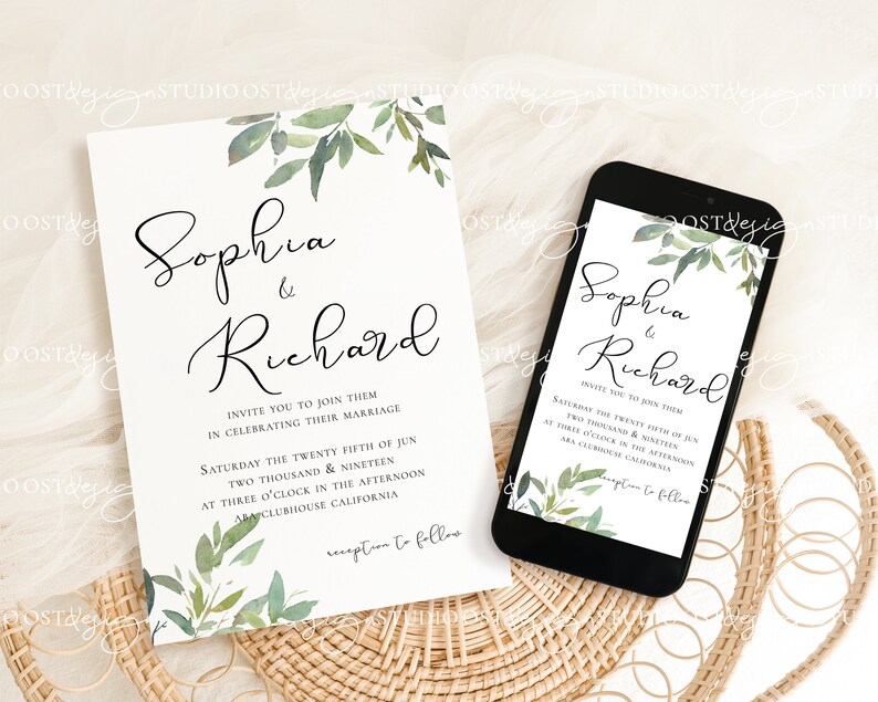 May include: A wedding invitation with a green watercolor floral design. The invitation reads "Sophia & Richard" and includes the date and time of the wedding. The invitation is printed on white cardstock and has a simple, elegant design.