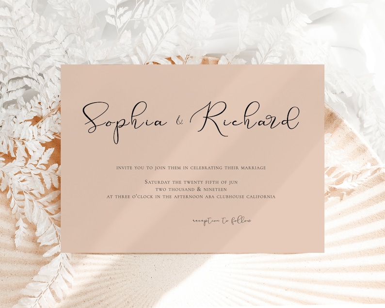 May include: A peach-colored wedding invitation with the names "Sophia & Richard" in cursive script. The invitation details the wedding date, time, and location: "Saturday the twenty fifth of June, Two thousand & nineteen, at three o'clock in the afternoon, ABA Clubhouse California". The text "Reception to follow" is also included.