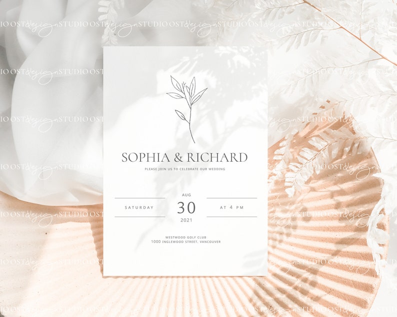 May include: A minimalist wedding invitation with a simple line drawing of a branch with leaves. The invitation is printed on white cardstock and features the names "Sophia & Richard" and the date "August 30, 2021".