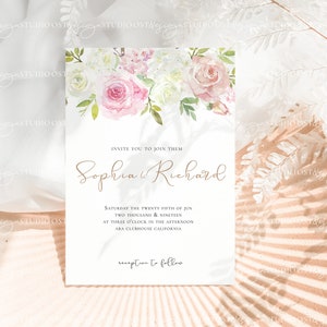 May include: A white wedding invitation with a watercolor floral design featuring pink and white roses. The invitation reads "Invite you to join them Sophia & Richard Saturday the twenty fifth of June two thousand & nineteen at three o'clock in the afternoon ABA Clubhouse California reception to follow"