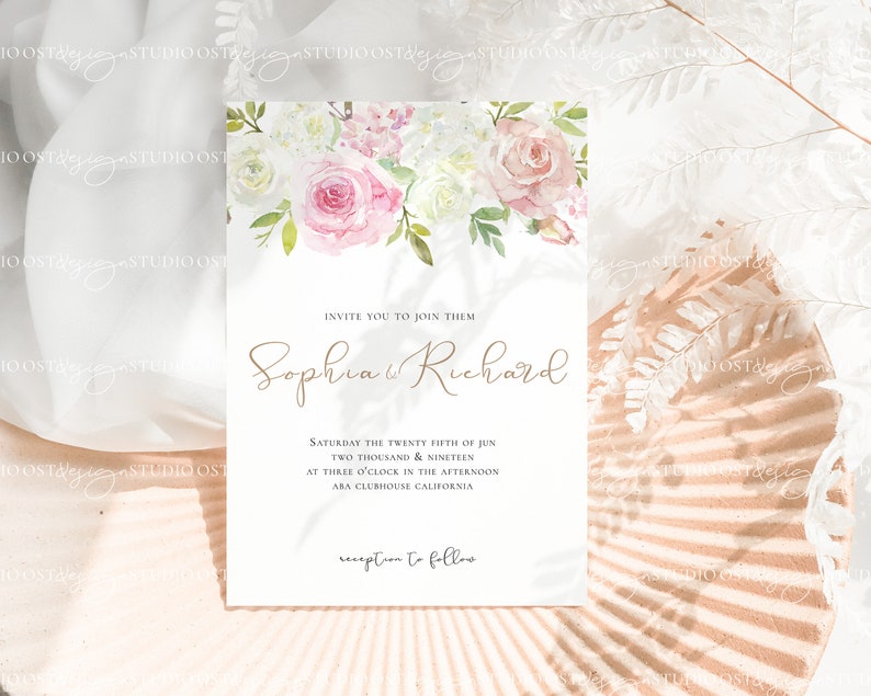 May include: A white wedding invitation with a watercolor floral design featuring pink and white roses. The invitation reads "Invite you to join them Sophia & Richard Saturday the twenty fifth of June two thousand & nineteen at three o'clock in the afternoon ABA Clubhouse California reception to follow"