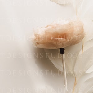 May include: A delicate peach-colored flower made of feathers, with a thin stem, on a white background.
