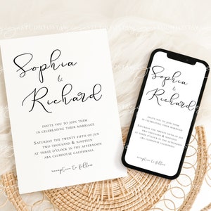 May include: A white wedding invitation with black calligraphy text that reads "Sophia & Richard" and details for their wedding ceremony. The invitation is displayed on a woven wicker surface with a smartphone displaying a similar invitation.