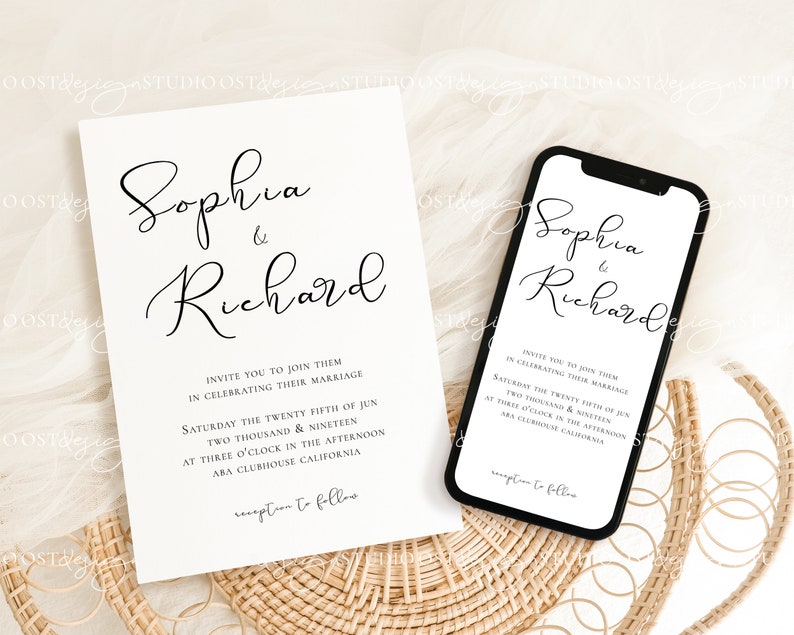May include: A white wedding invitation with black calligraphy text that reads "Sophia & Richard" and details for their wedding ceremony. The invitation is displayed on a woven wicker surface with a smartphone displaying a similar invitation.