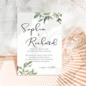 May include: A white wedding invitation with green watercolor leaves and the text "Sophia & Richard" at the top. The invitation details the wedding date, time, and location. The text "reception to follow" is at the bottom of the invitation.
