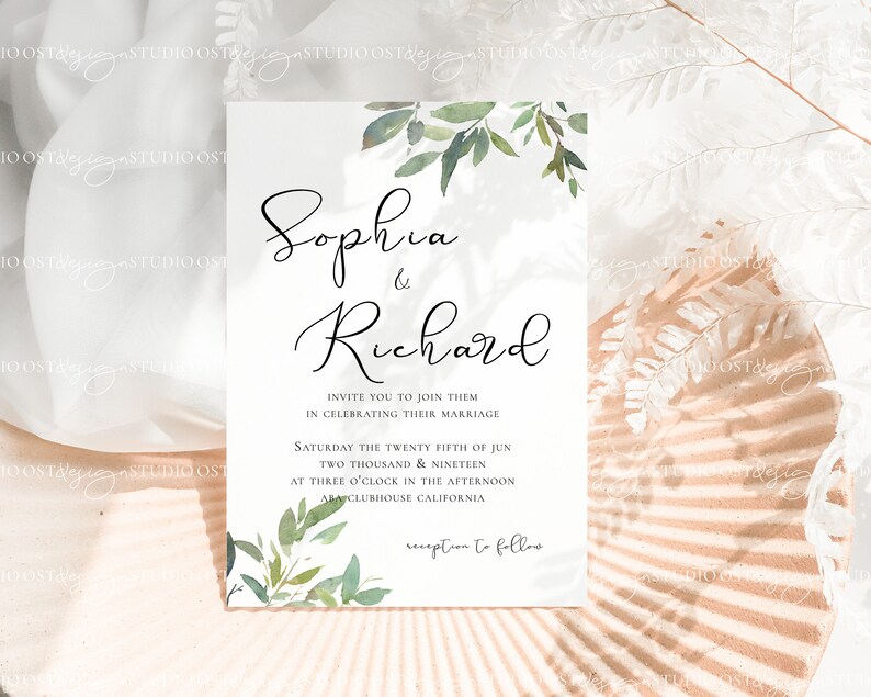May include: A white wedding invitation with green watercolor leaves and the text "Sophia & Richard" at the top. The invitation details the wedding date, time, and location. The text "reception to follow" is at the bottom of the invitation.