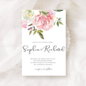Pode incluir: Convite de casamento com um design floral em aquarela com rosas rosa e brancas. O convite diz "Invite you to join them Sophia & Richard Saturday the twenty fifth of June two thousand & nineteen at three o'clock in the afternoon ABA Clubhouse California reception to follow"